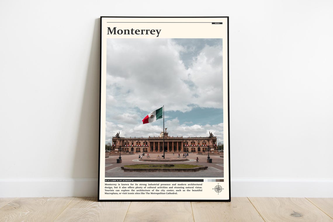 Monterrey Mexico Macroplaza Palace Flag Square Travel Poster