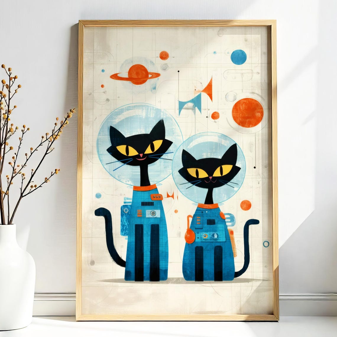 Two Black Cat Astronauts Retro Space Age Midcentury Cat Print