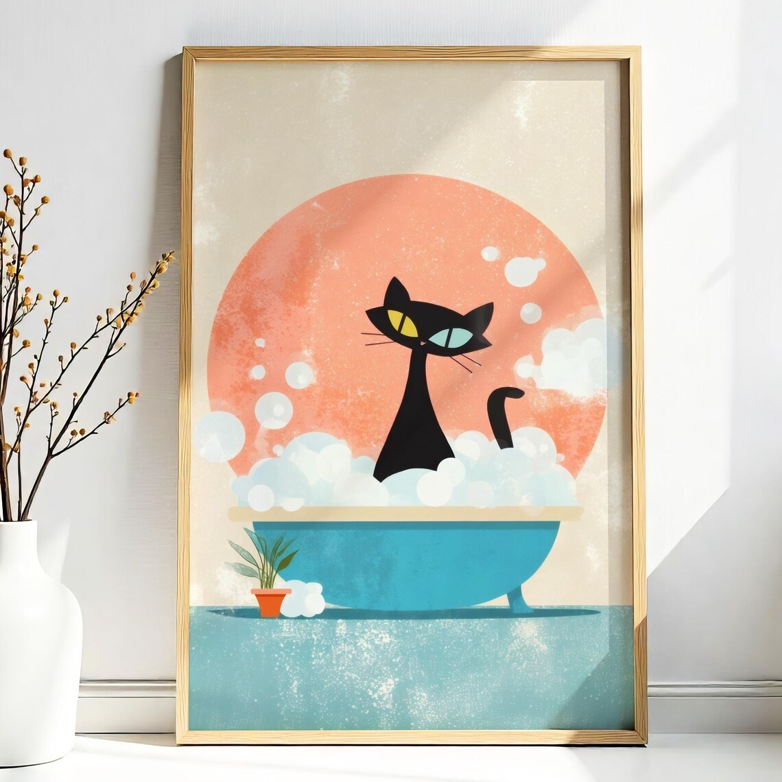 Black Cat In Bubble Bath With Foam Retro Midcentury Bathroom Poster