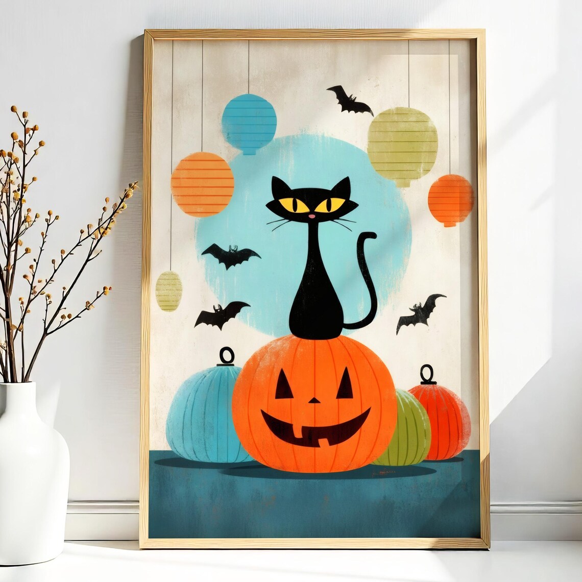 Retro Halloween Black Cat Jack O Lantern Bats Midcentury Poster