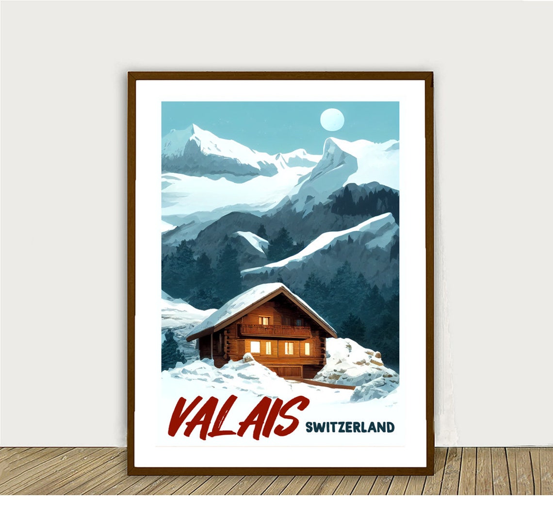 Valais Switzerland Snowy Alpine Chalet Moonlit Mountains Winter Poster - Image 2