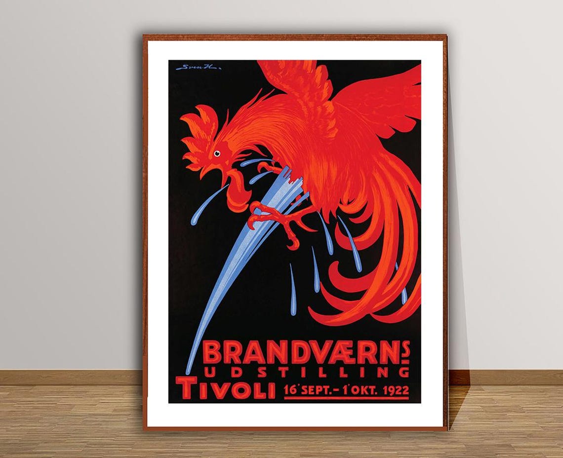 Brandvaerns Udstilling Tivoli 1922 Red Rooster Fire Exhibition Poster - Image 3