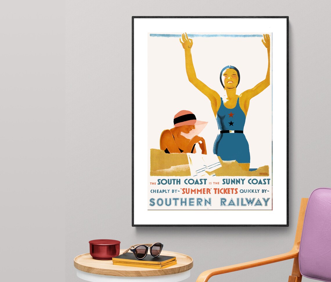 South Coast Sunny Coast Southern Railway Vintage Travel Poster