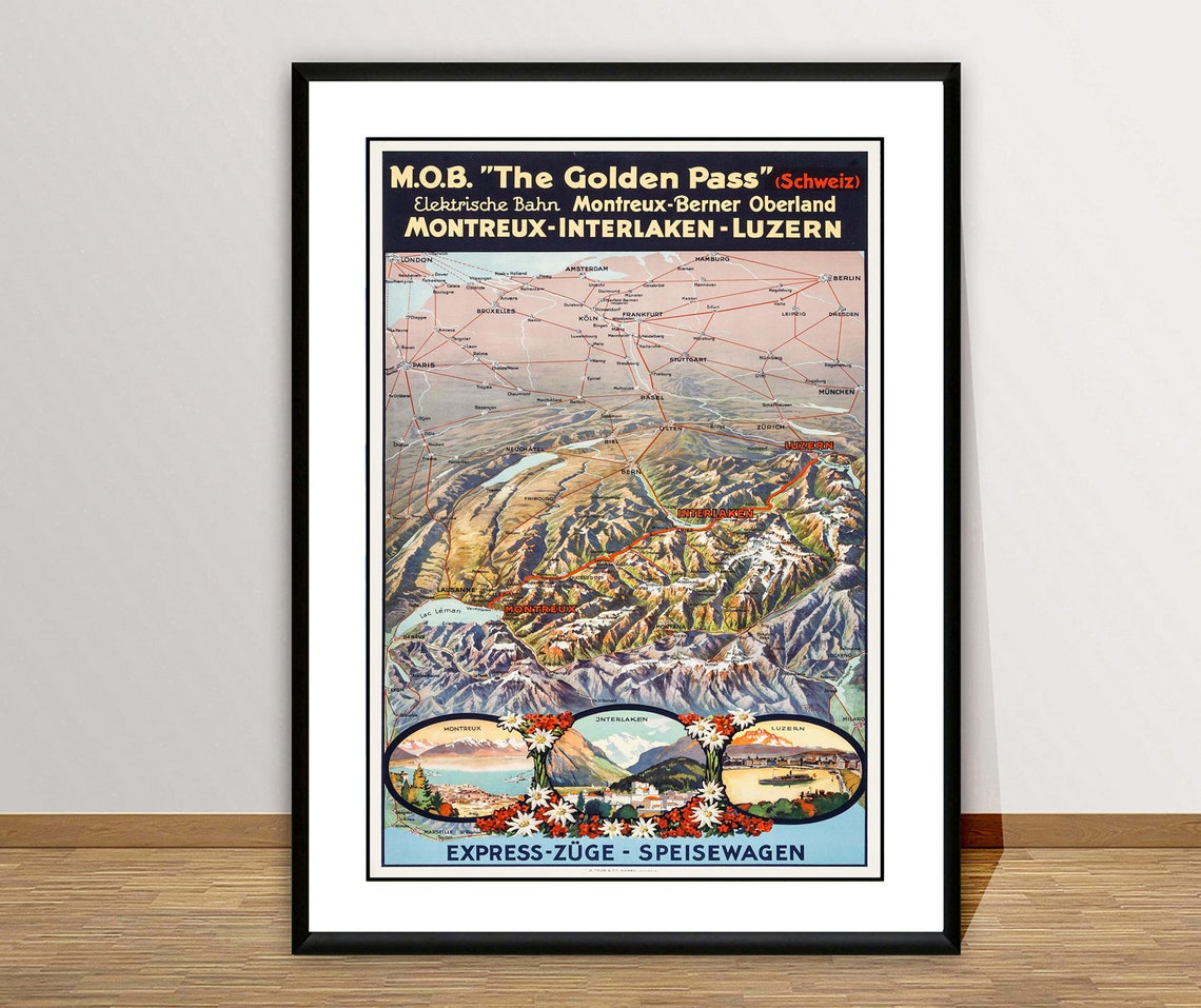 Golden Pass Switzerland Railway Vintage Route Map Travel Poster - Image 2