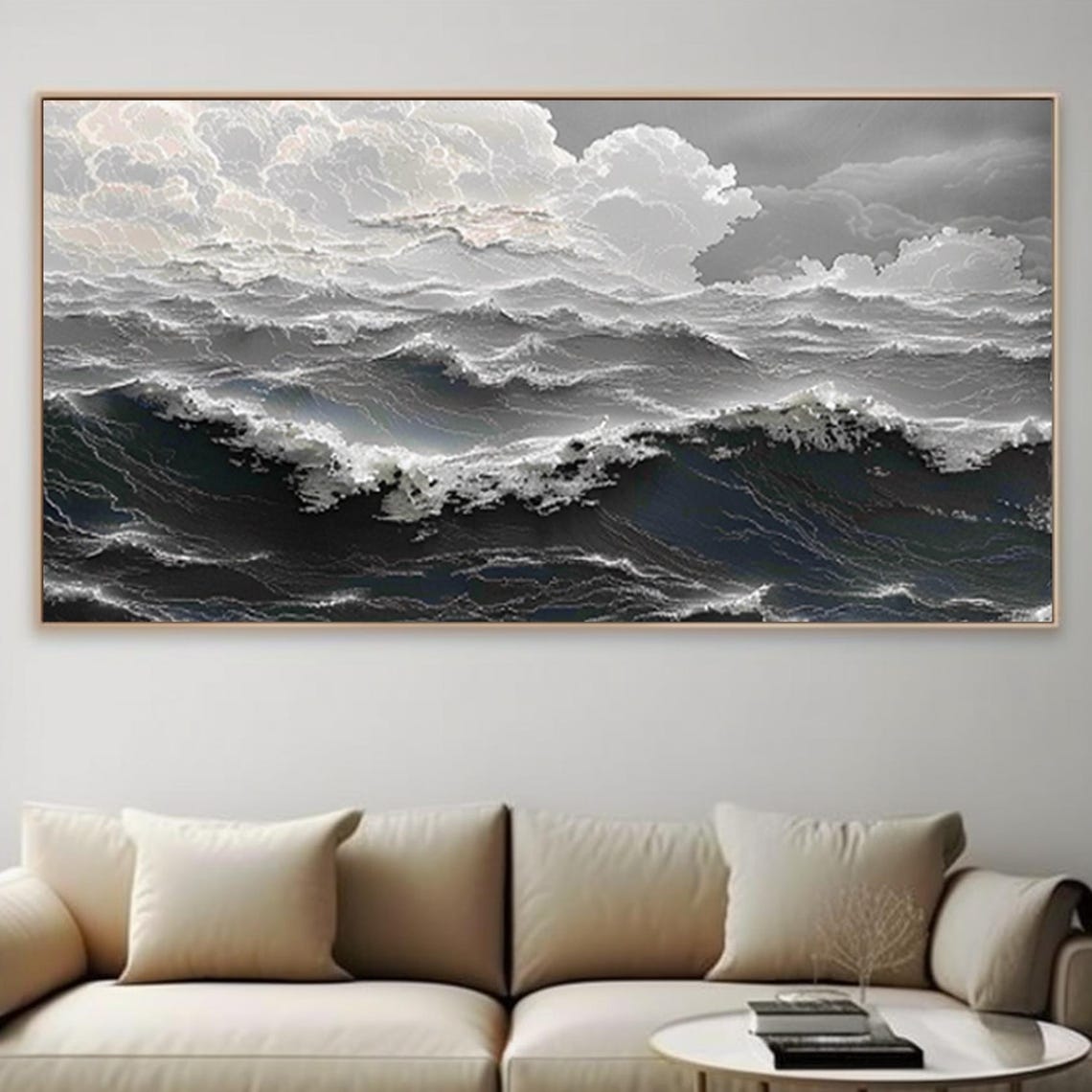 Stormy Black White Ocean Rolling Waves Dramatic Panoramic Sea Poster - Image 3