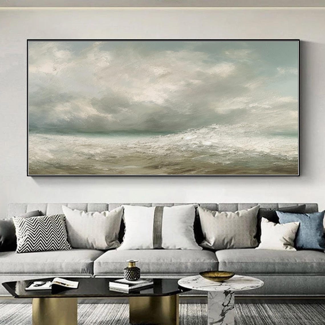 Muted Ocean Waves Gray Clouds Soft Light Panoramic Seascape Art Poster - Image 4