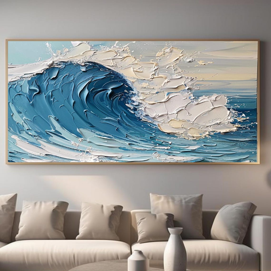 Blue Ocean Wave Crashing White Foam Impasto Panoramic Seascape Poster - Image 4