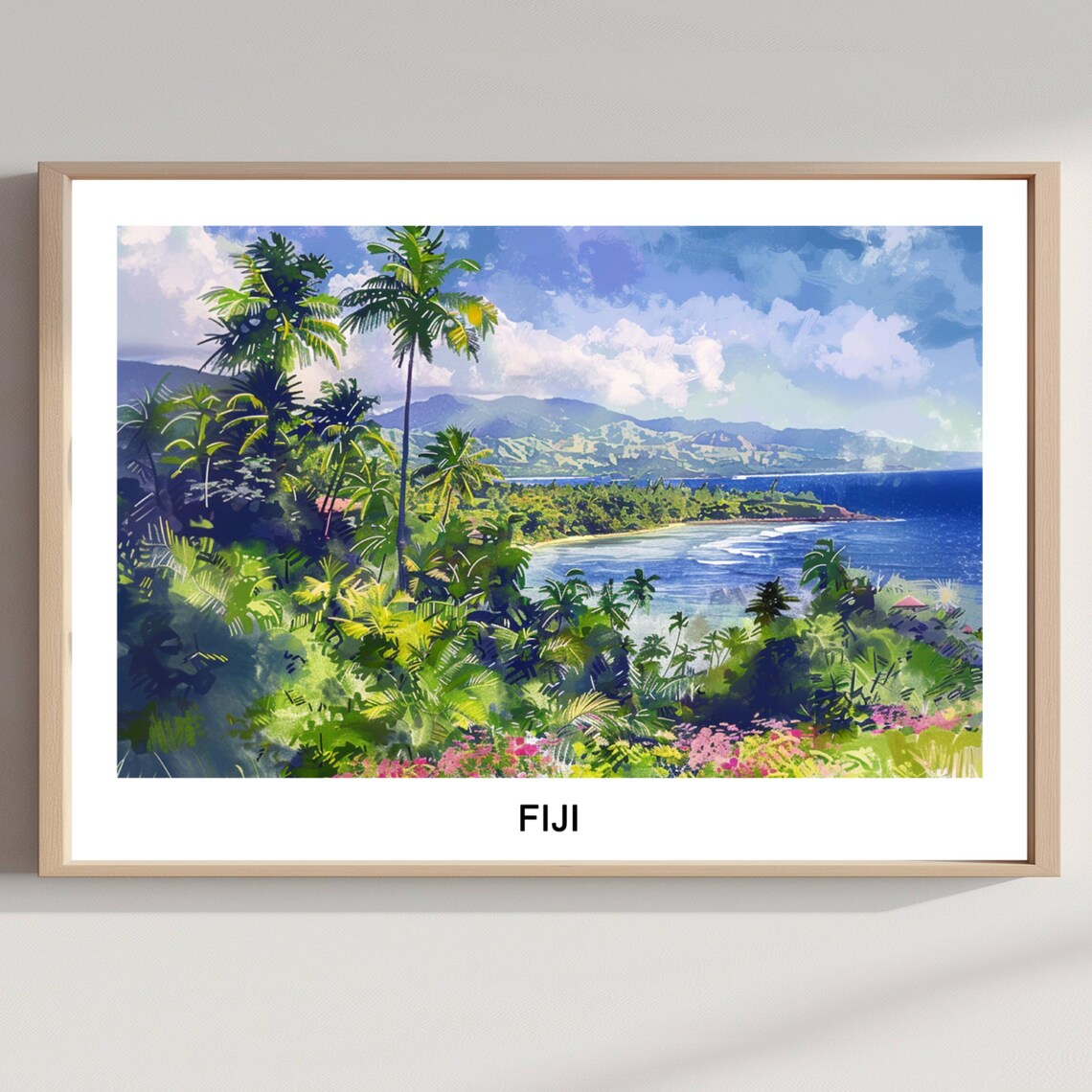 Fiji Tropical Coast Palm Trees Lagoon Watercolor Travel Poster