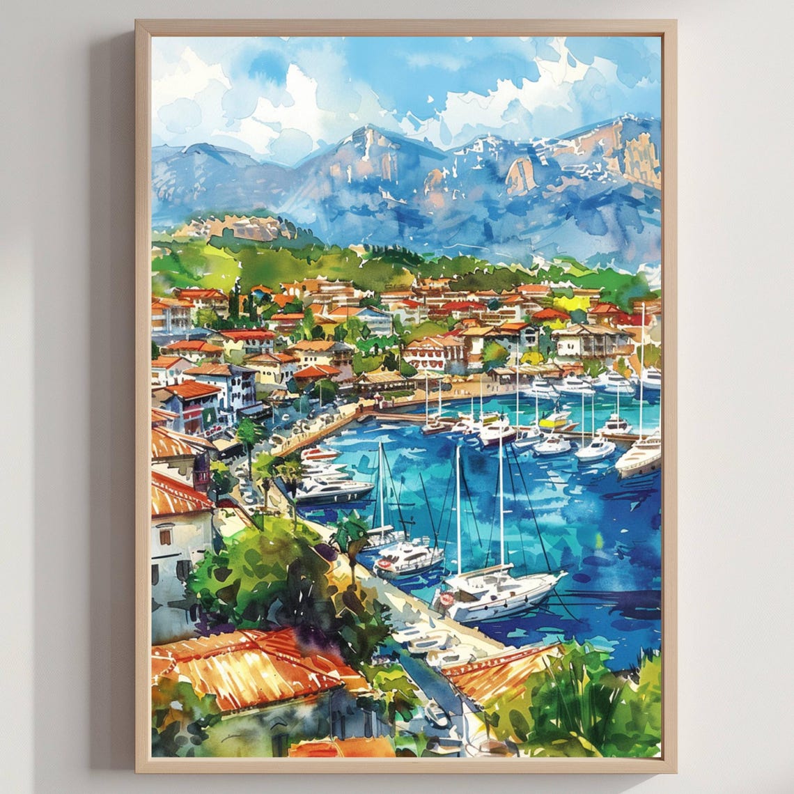 Antalya Harbor Sailboat Marina Mountain Backdrop Watercolor Poster