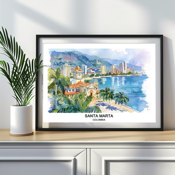 Santa Marta Colombia Watercolor Coast Palm Trees Bay Skyline View Poster
