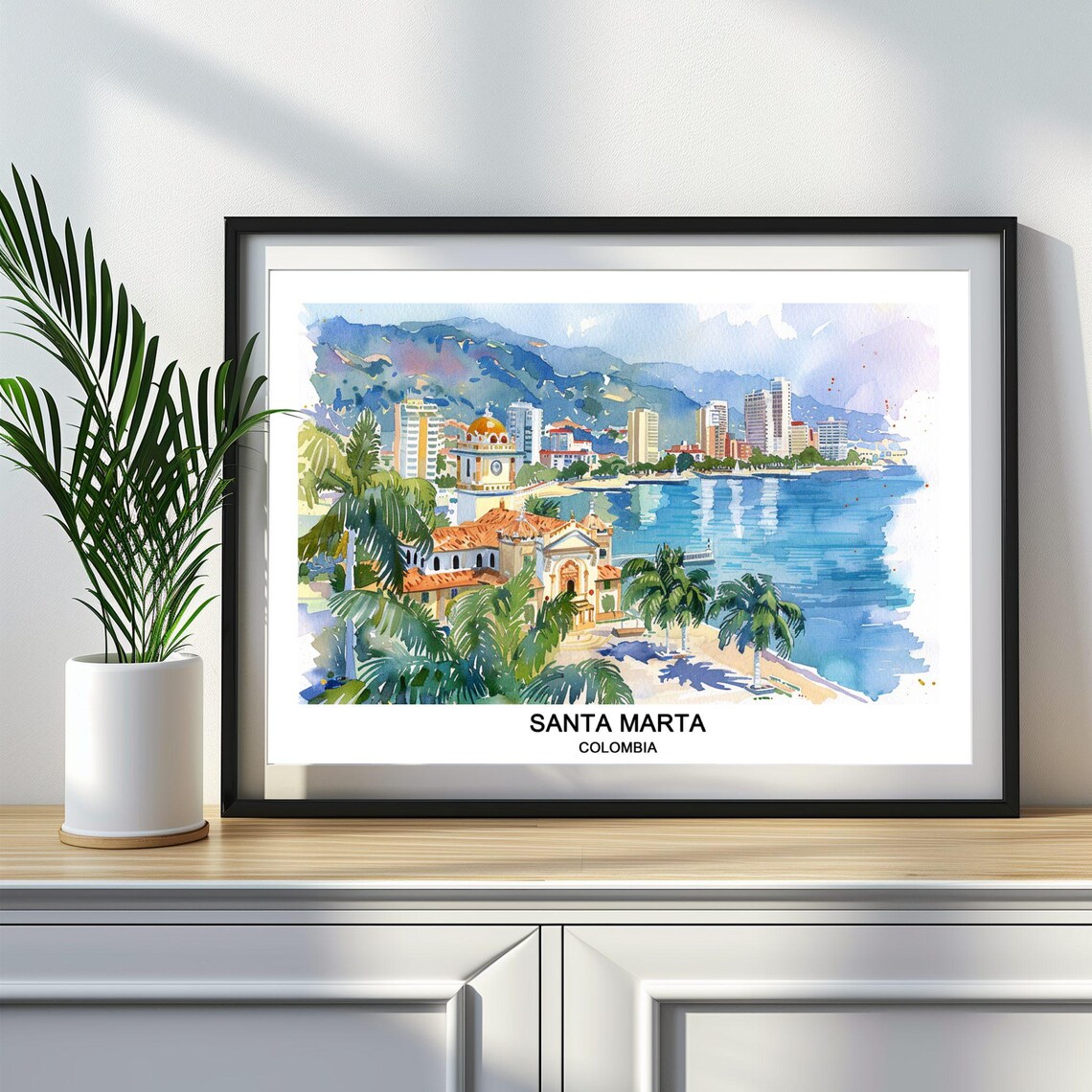 Santa Marta Colombia Watercolor Coast Palm Trees Bay Skyline View Poster