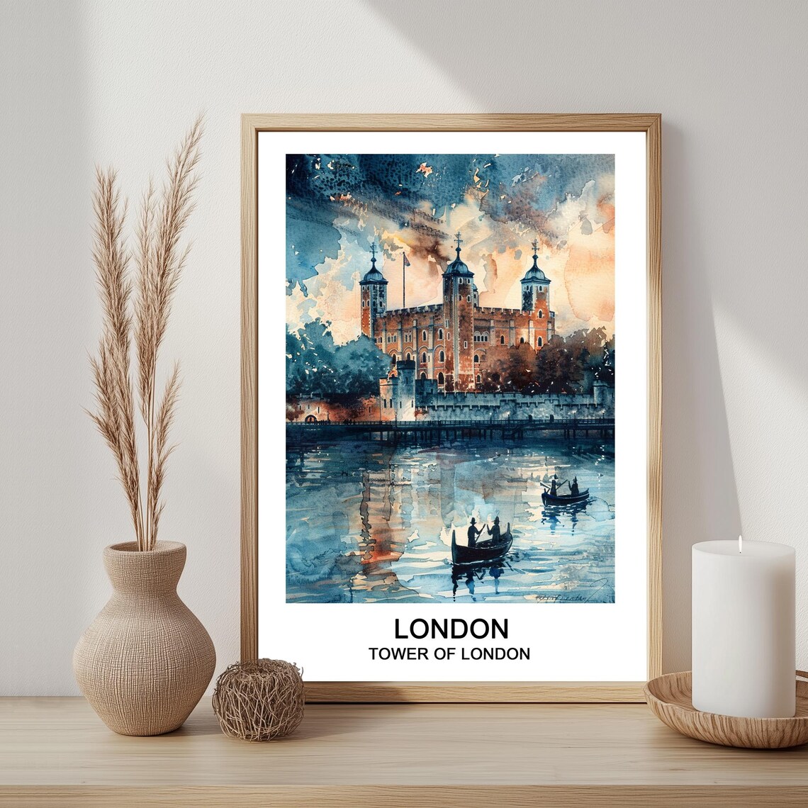 Tower Of London At Dusk With Row Boats On River Watercolor Poster
