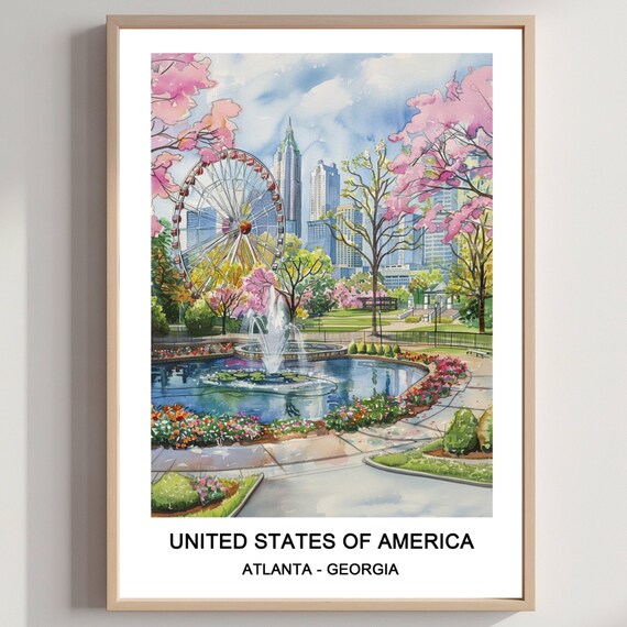 Atlanta Georgia Cherry Blossom Park Ferris Wheel Skyline Travel Poster