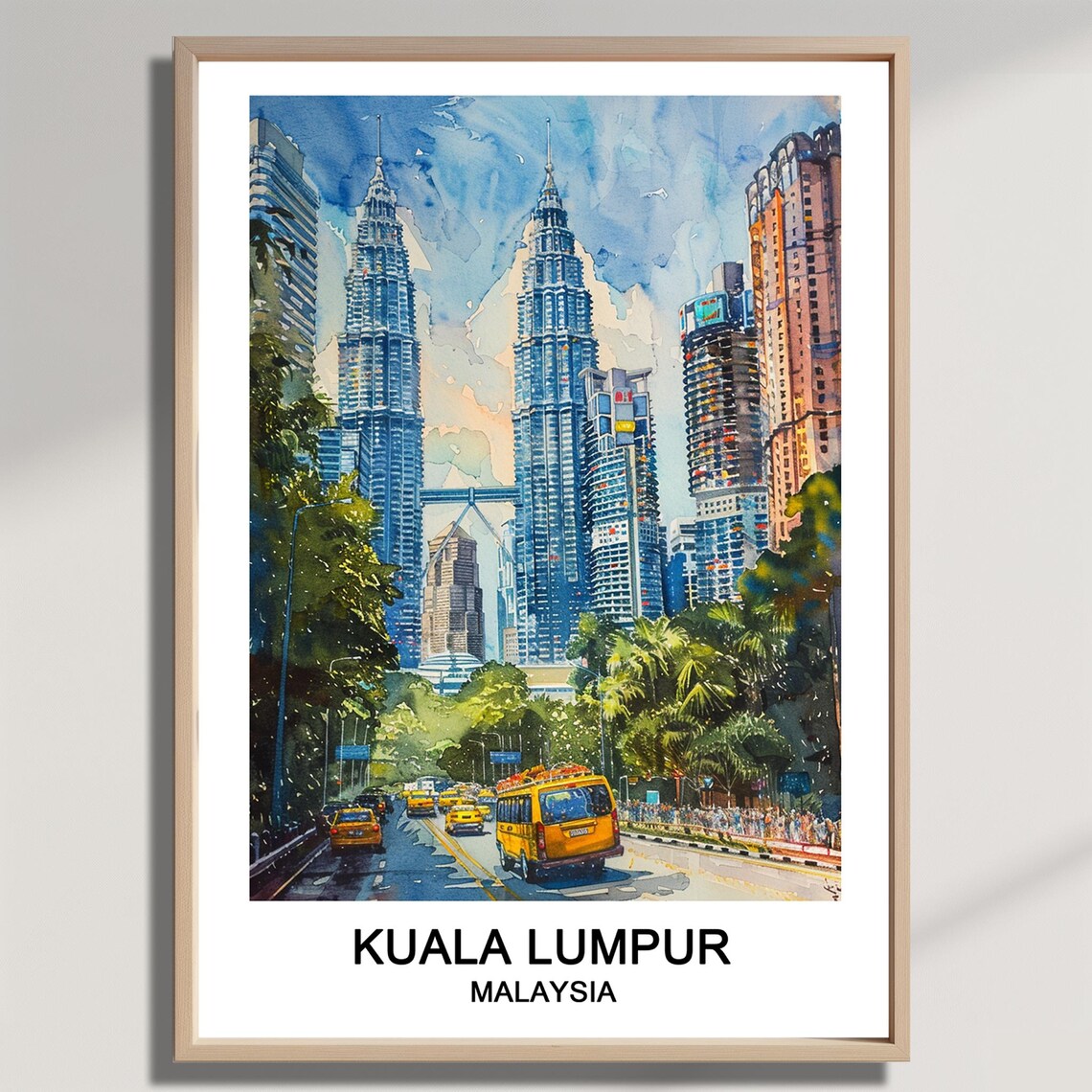 Kuala Lumpur Malaysia Petronas Towers City Street Watercolor Poster