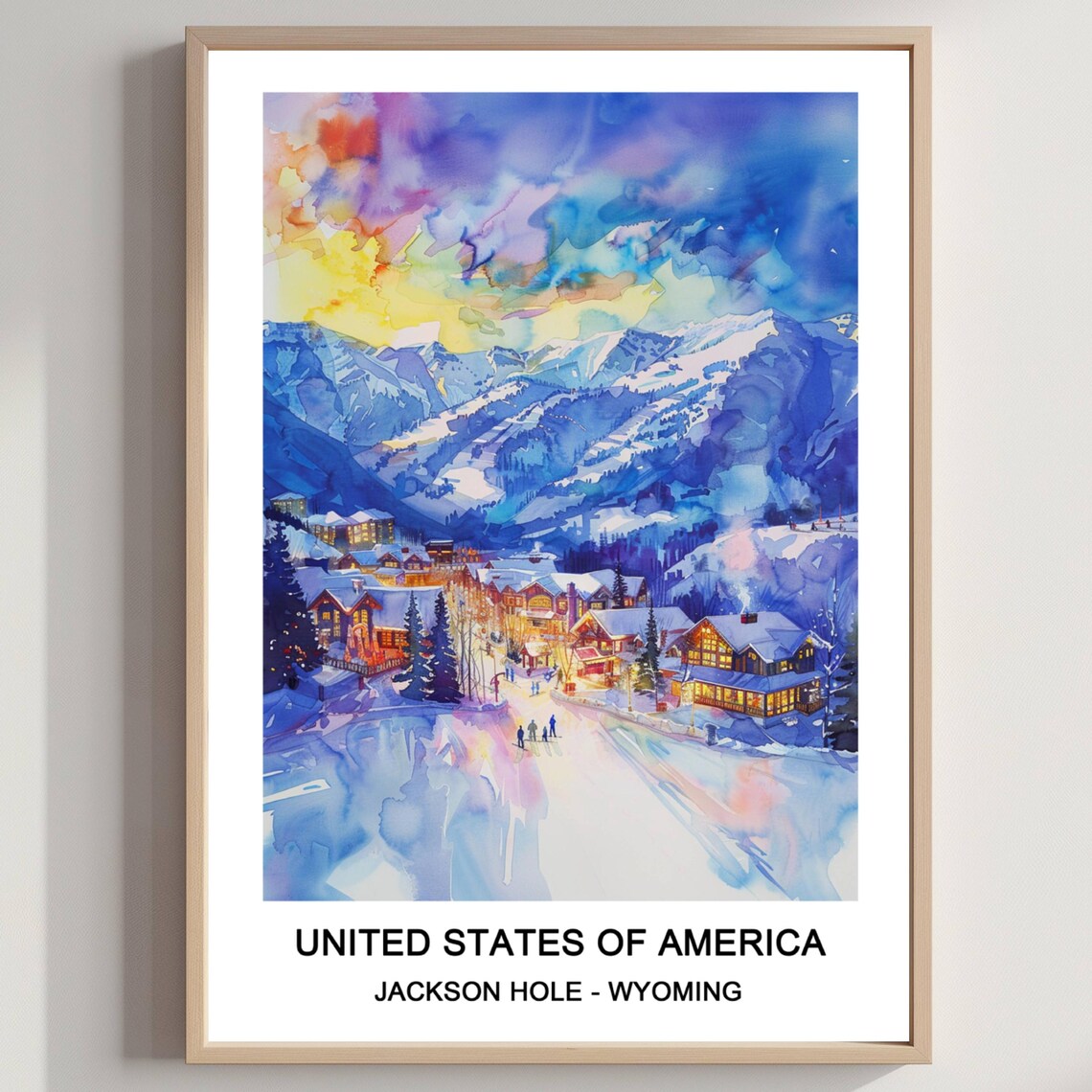 Jackson Hole Wyoming Ski Resort Watercolor Winter Travel Poster