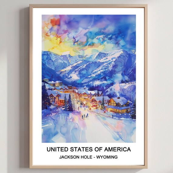 Jackson Hole Wyoming Ski Resort Watercolor Winter Travel Poster