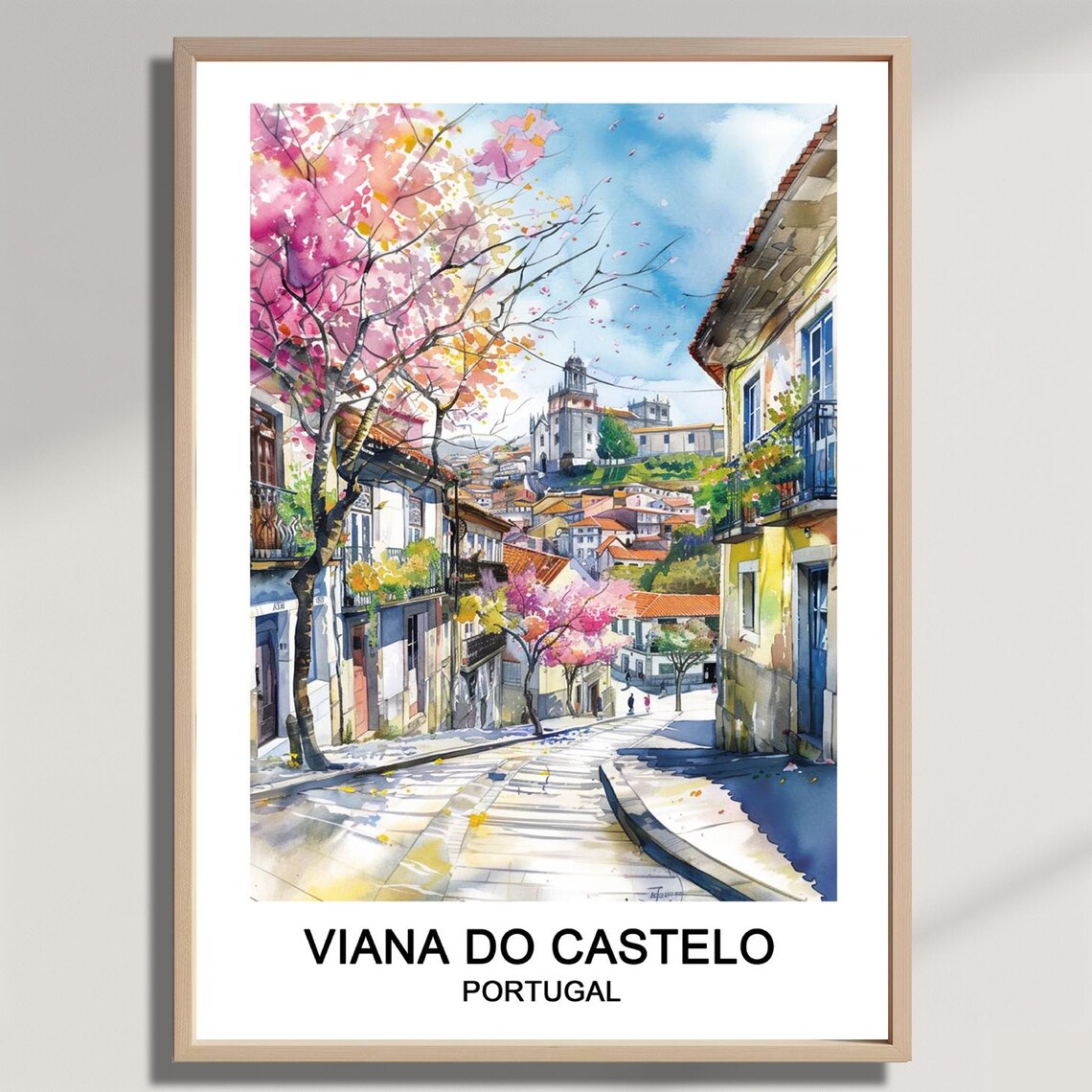 Viana do Castelo Portugal Watercolor Travel Poster Blossom Street View