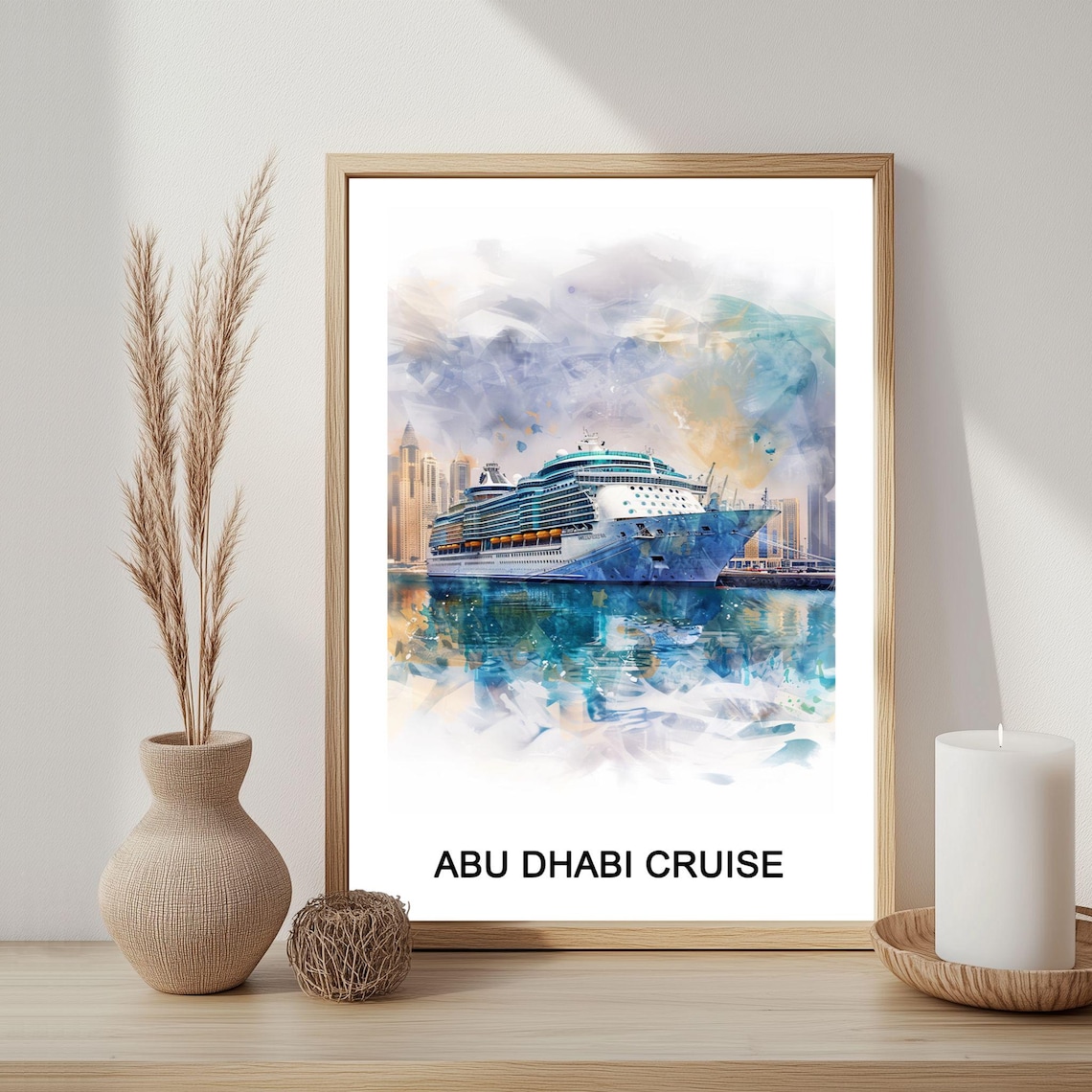 Abu Dhabi Cruise Ship Watercolor Painting Harbor Skyline Scenic Poster