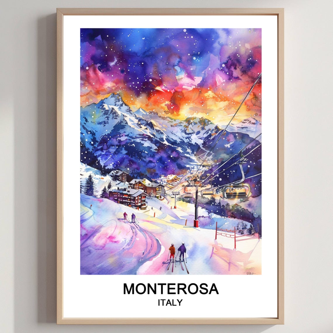 Monterosa Italy Ski Resort Sunset Watercolor Alpine Slopes Poster