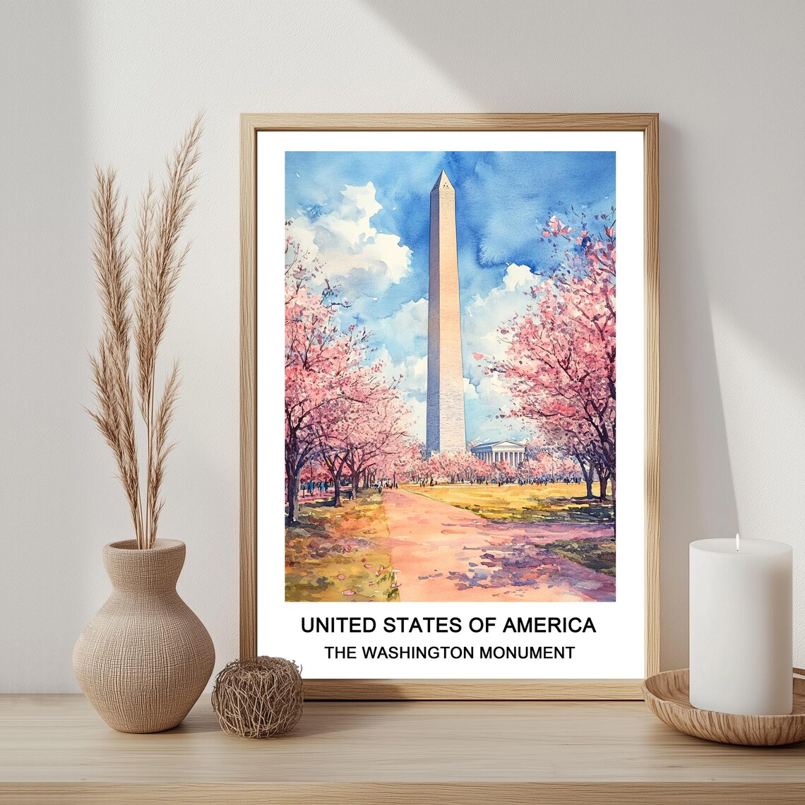 Washington Monument Cherry Blossom Watercolor DC Travel Poster
