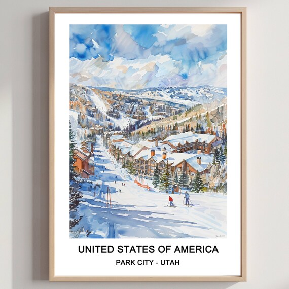 Park City Utah Ski Town Watercolor Winter Resort Travel Poster