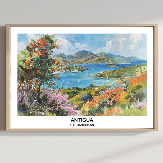 Idyllic Antigua Caribbean Harbor Bay Sailboats Watercolor Poster