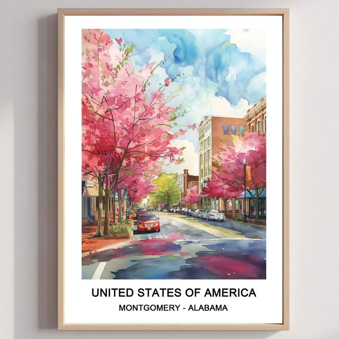 Montgomery Alabama Cherry Blossom Street Watercolor Travel Poster