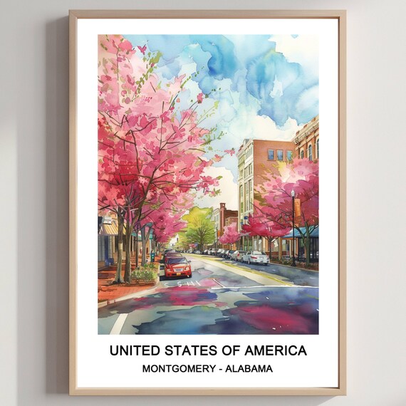 Montgomery Alabama Cherry Blossom Street Watercolor Travel Poster