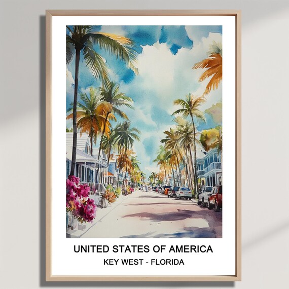 Key West Florida Palm Lined Street Sunny Watercolor Travel Poster