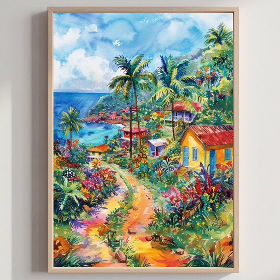 Trinidad And Tobago Caribbean Village Watercolor Travel Poster
