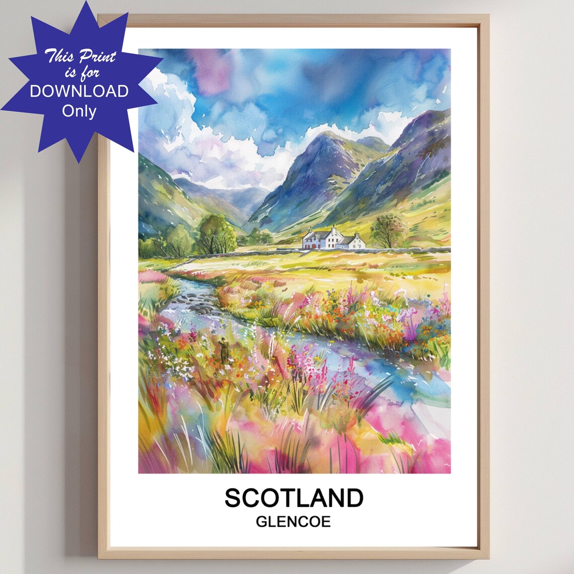 Scotland Glencoe Watercolor Highland Valley Wildflower Travel Poster