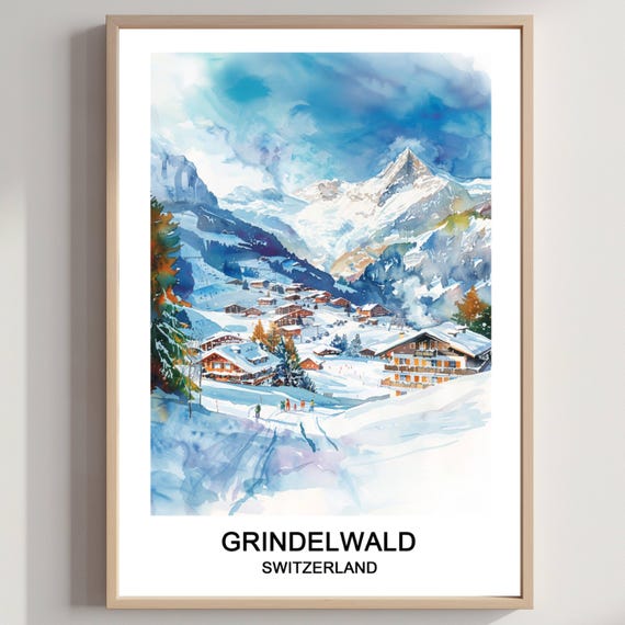 Grindelwald Ski Resort Watercolor Print Swiss Travel Poster