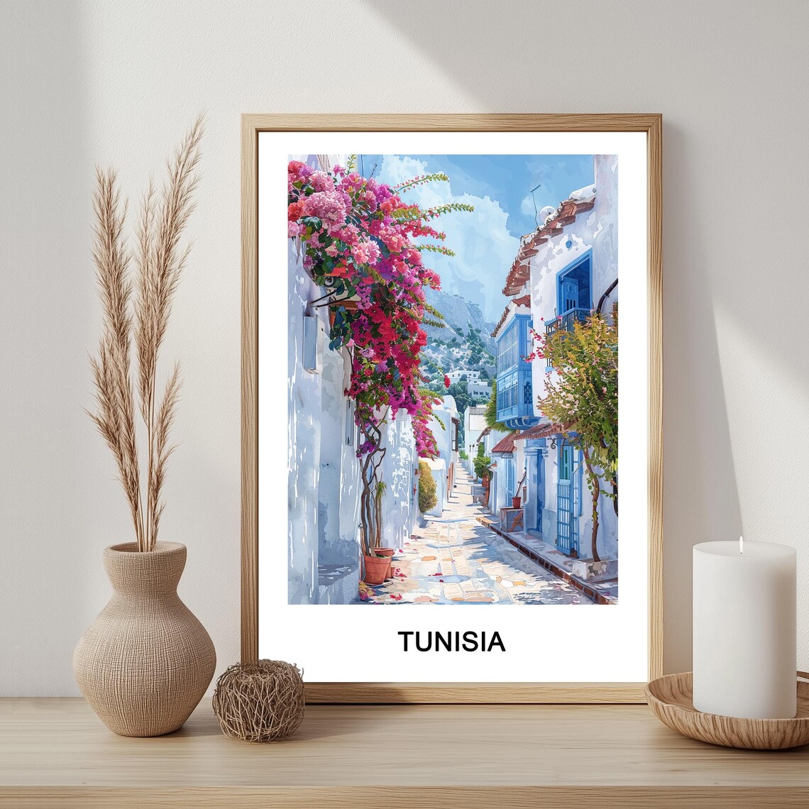 Tunisia Blue Street Bougainvillea Mediterranean Travel Poster