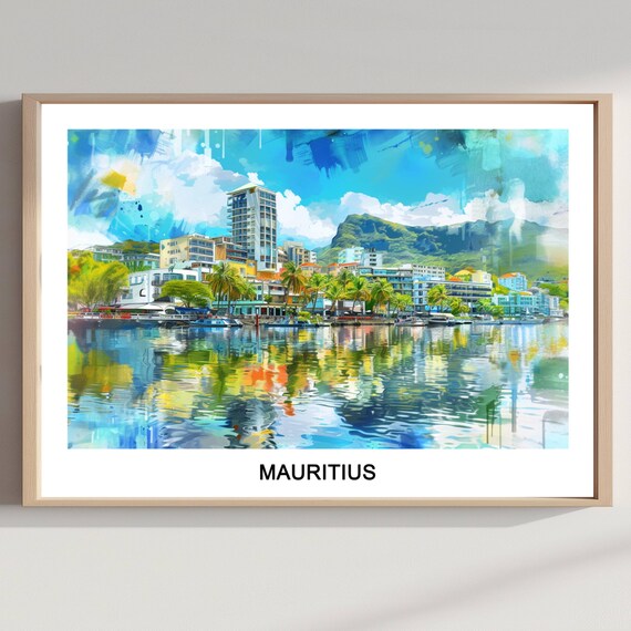 Mauritius Waterfront Watercolor Poster of the Harbor and City