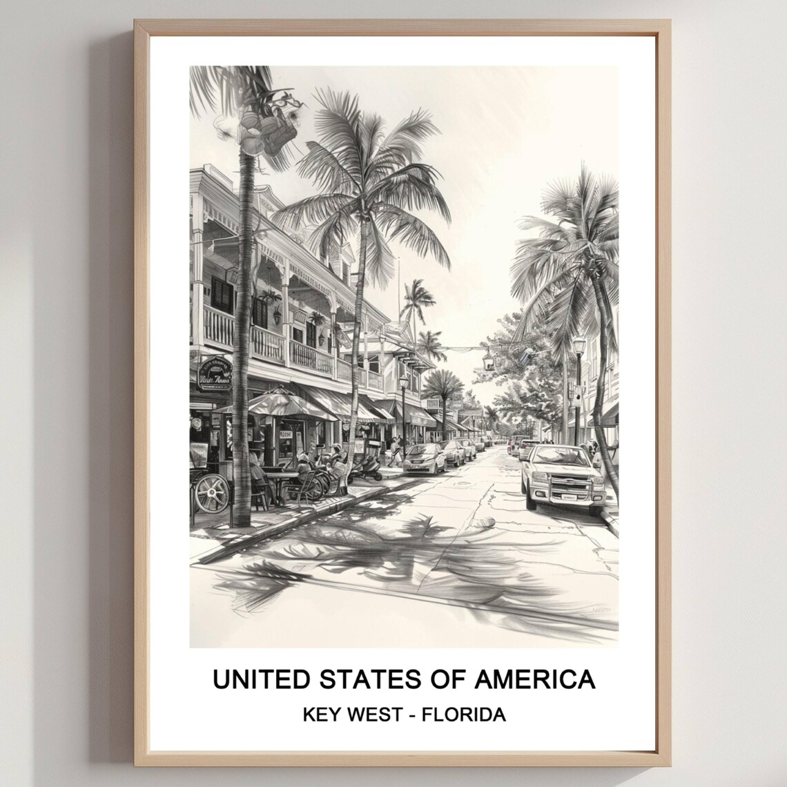 Key West Florida Street Pencil Sketch Palm Trees Travel Poster