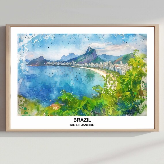Rio De Janeiro Brazil Watercolor Beach Bay Mountains Travel Poster
