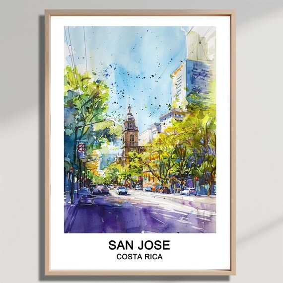 San Jose Costa Rica City Street Trees Colonial Church Watercolor Poster