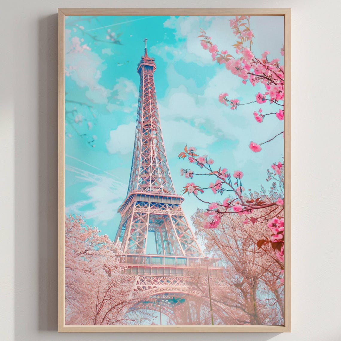 Eiffel Tower Cherry Blossom Pink Spring Paris Travel Art Poster