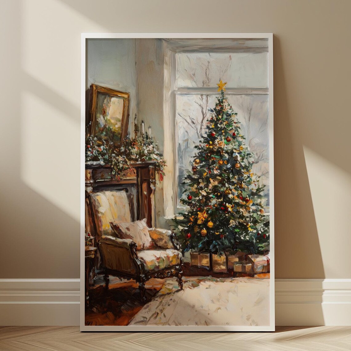 Cozy Christmas Tree Living Room Vintage Oil Painting Holiday Wall Art