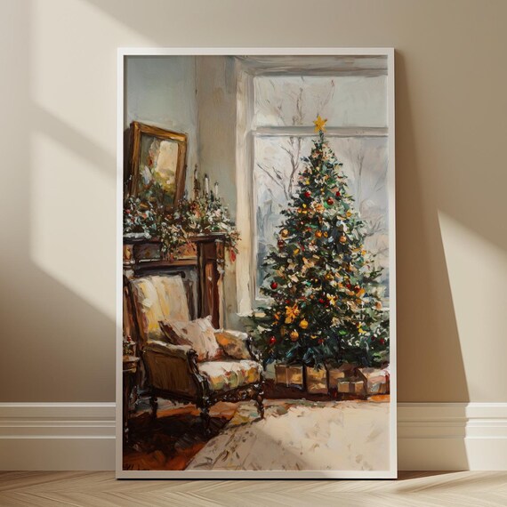 Vintage Christmas Tree Print Oil Painting Cozy Christmas Decor Wall Art Moody Natural Antique Holiday Winter Evergreen Tree Print