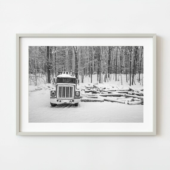 Old Logging Truck In Snowy Woods Black And White Photo Poster