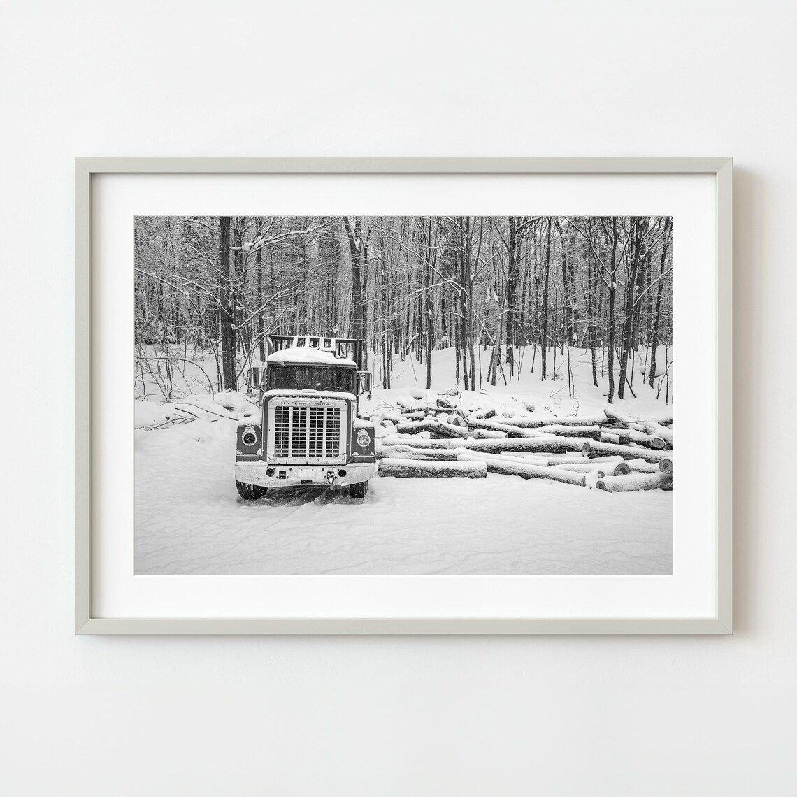 Old Logging Truck In Snowy Woods Black And White Photo Poster