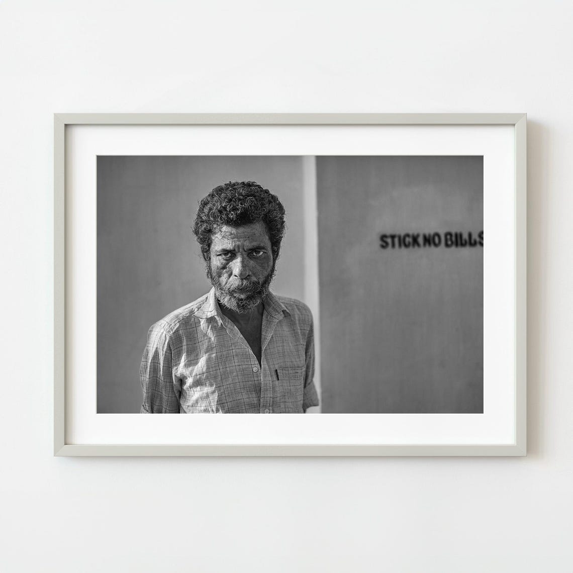 Bearded Man By Stick No Bills Wall Black And White Photo Poster