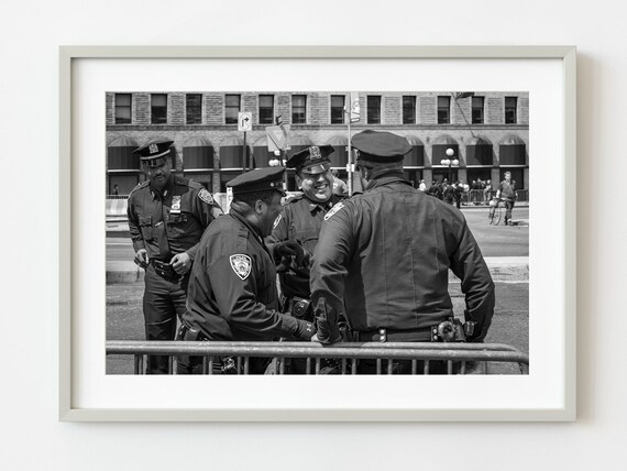 New York Police Officers Laughing Black and White Street Photo Art Print