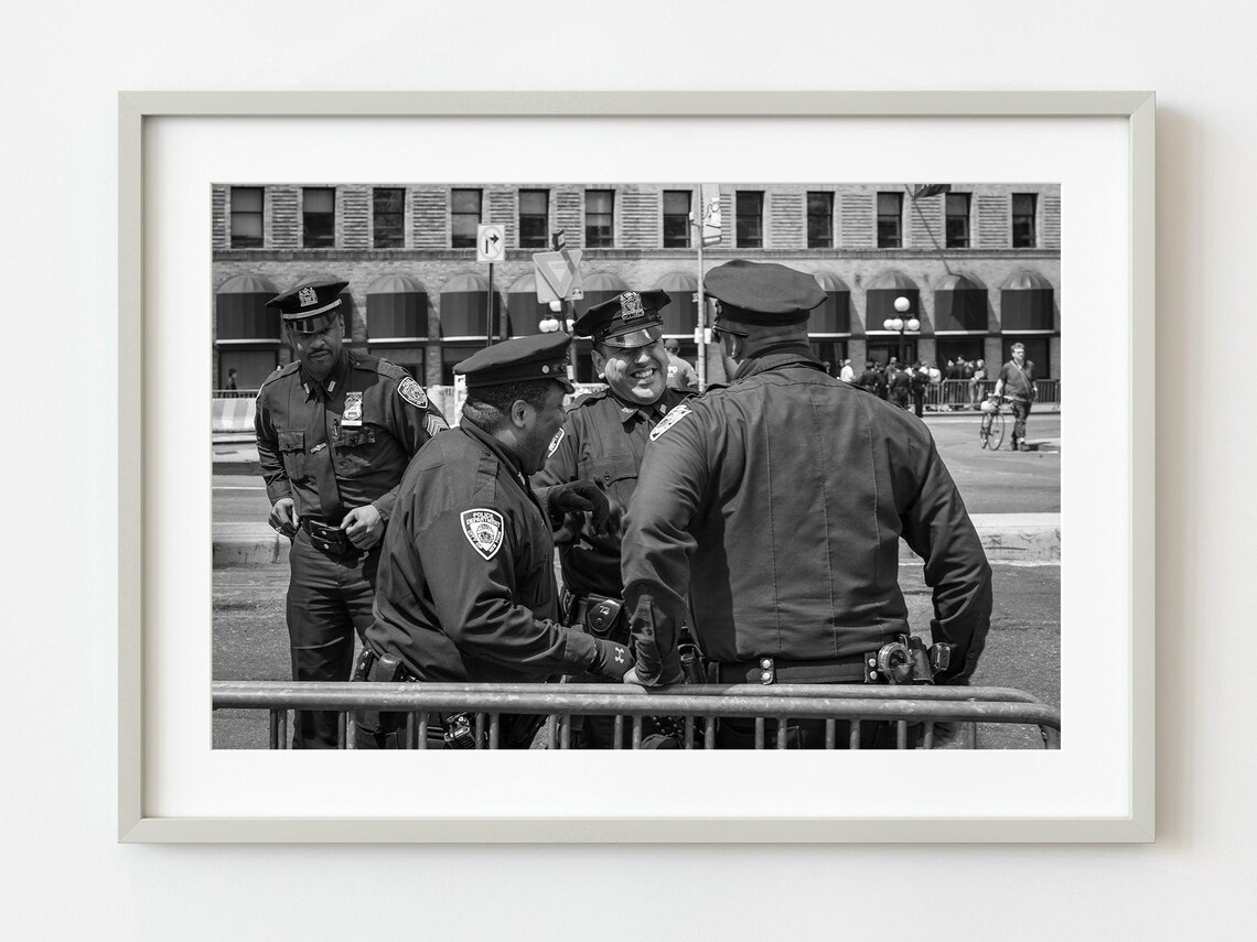 New York Police Officers Laughing Black and White Street Photo Art Print