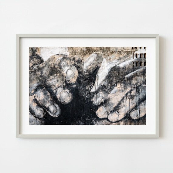 Moody Abstract Black and White Street Art Reaching Hands Poster