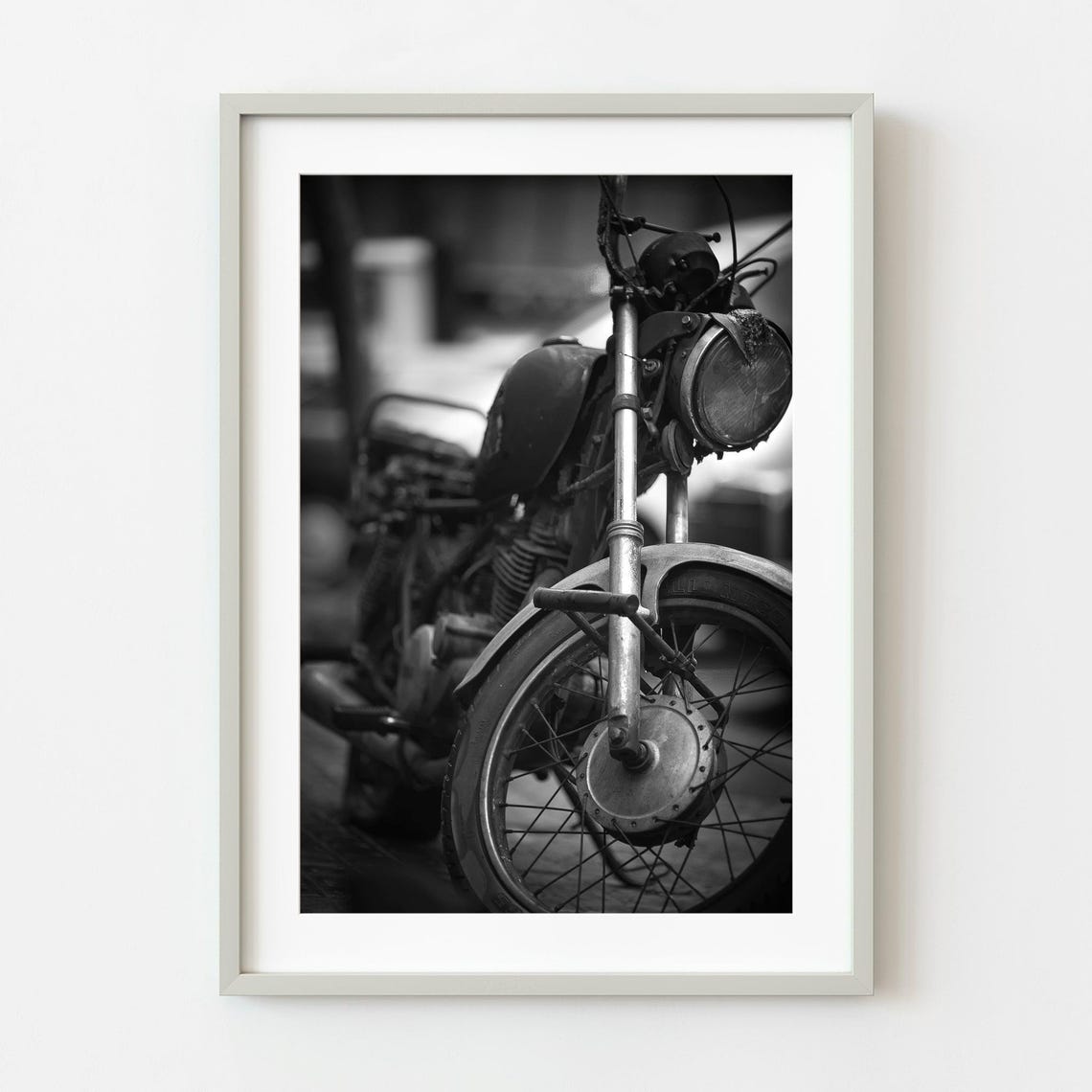 Vintage Motorcycle Close Up Black White Street Photography Poster