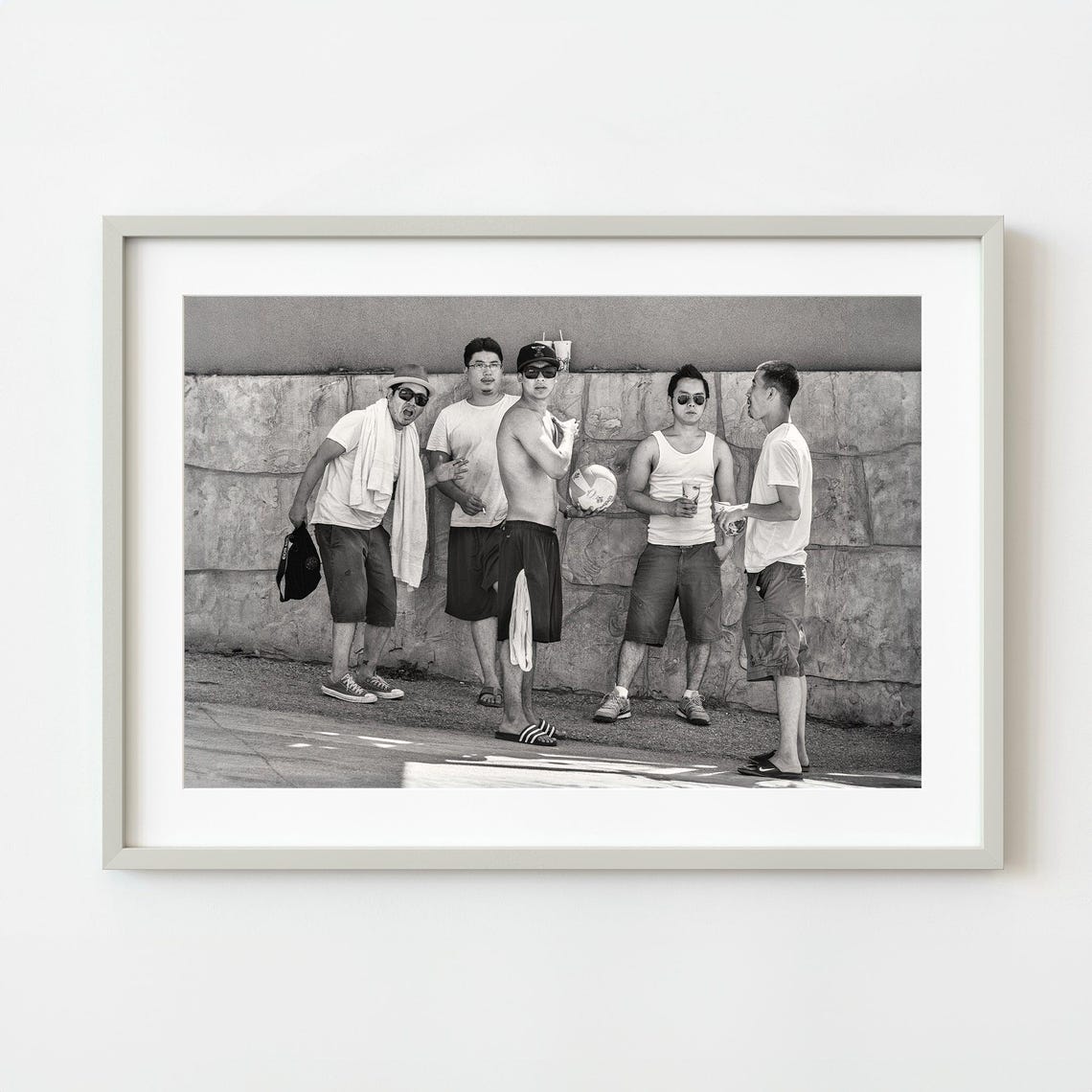 Five Young Men Against Stone Wall Candid Black White Photo Poster