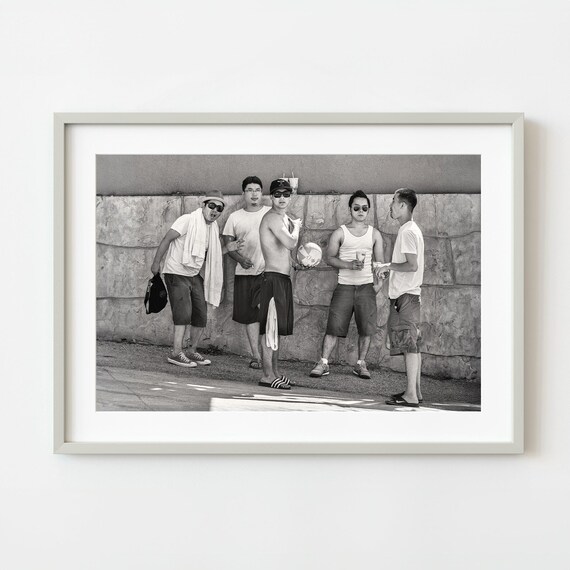Five Young Men Against Stone Wall Candid Black White Photo Poster