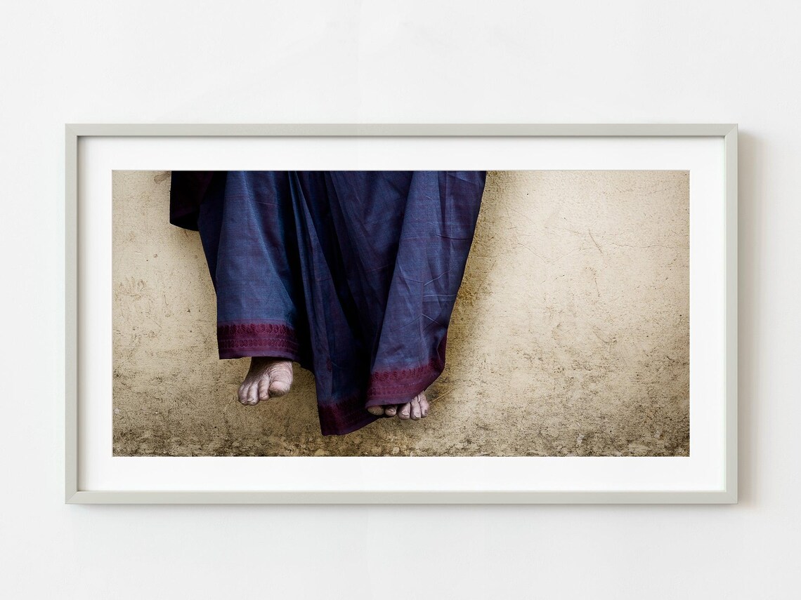 Barefoot Woman in Blue Skirt Against Textured Wall India Art Poster